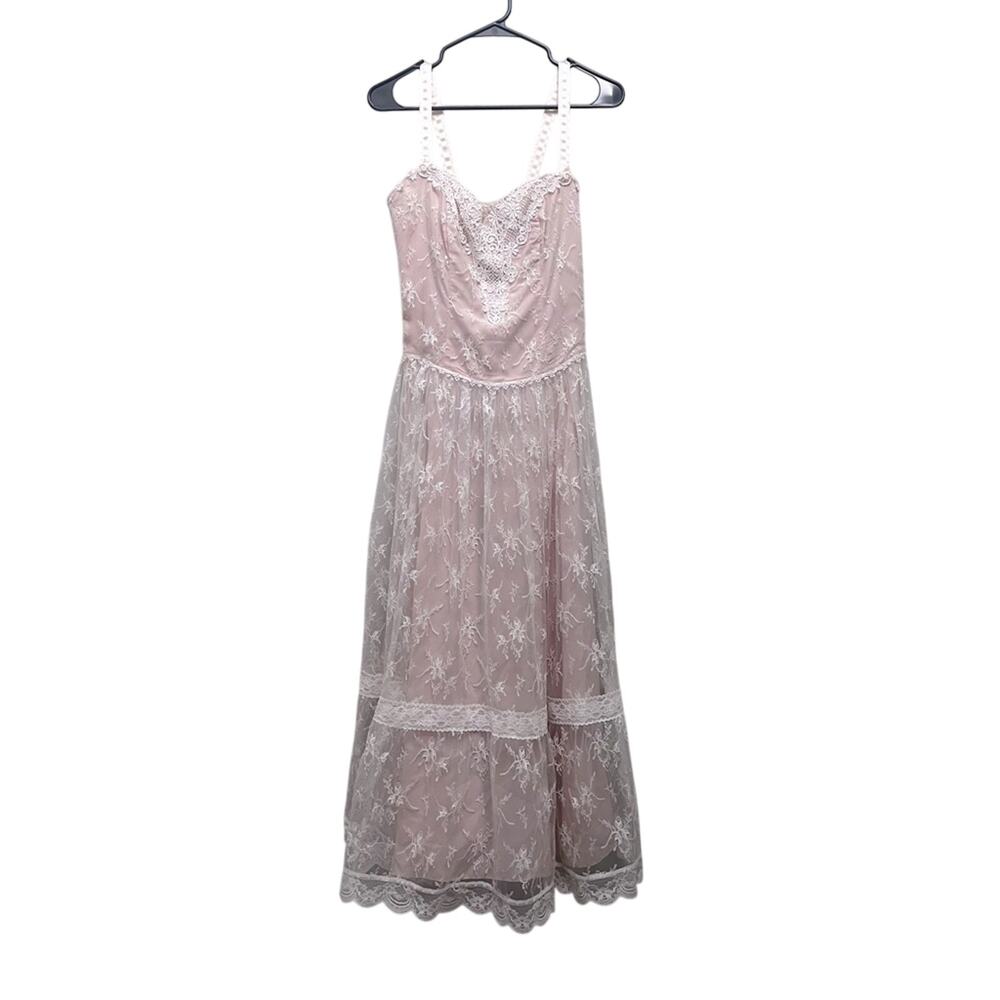 Vintage 70s Lace Overlay Prairie Dress Pink Cottagecore Whimsigoth Size Small